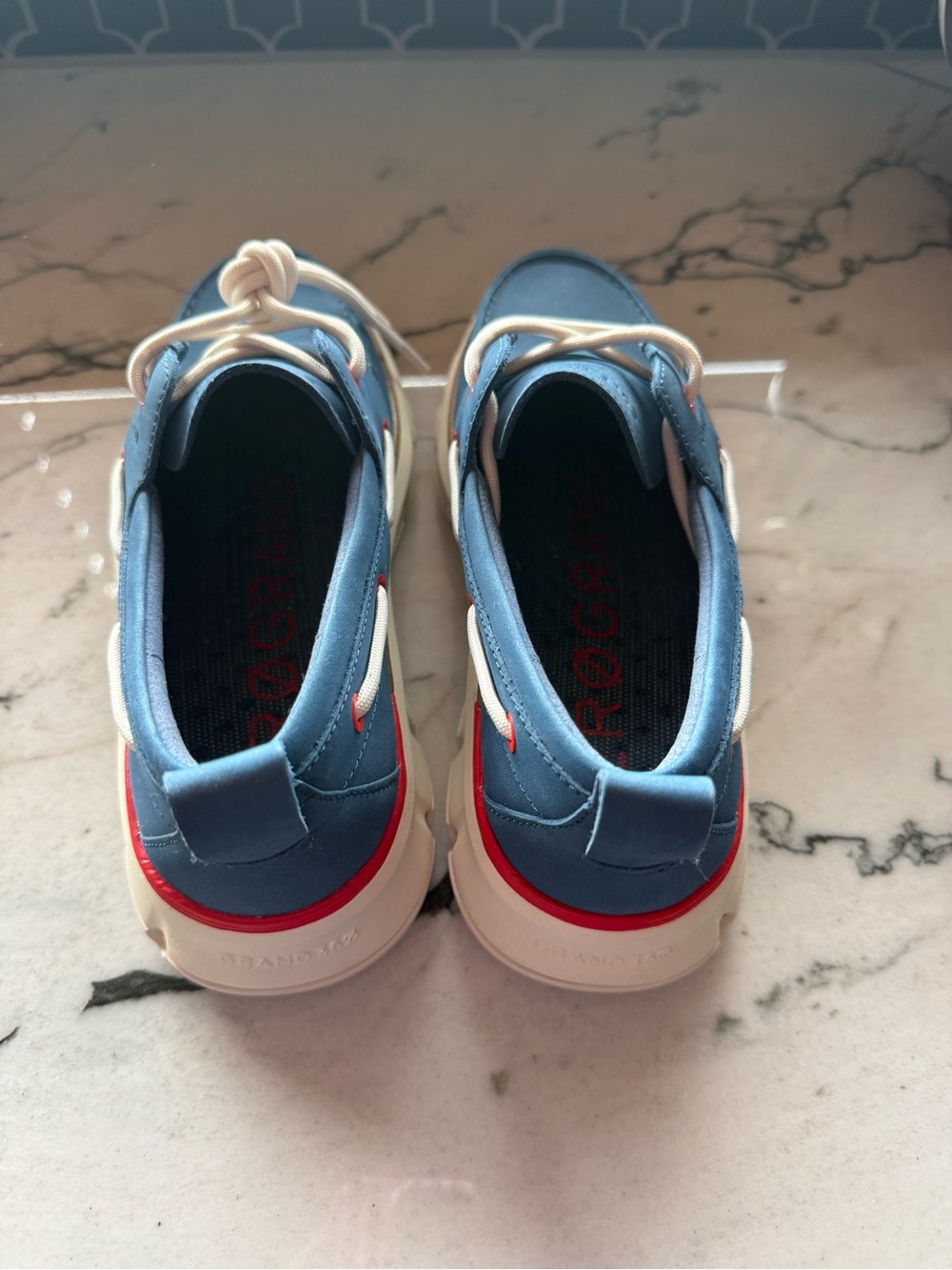 Cole Haan women’s Navy Blue Boat Shoes with Cream Laces - Picture 3 of 4